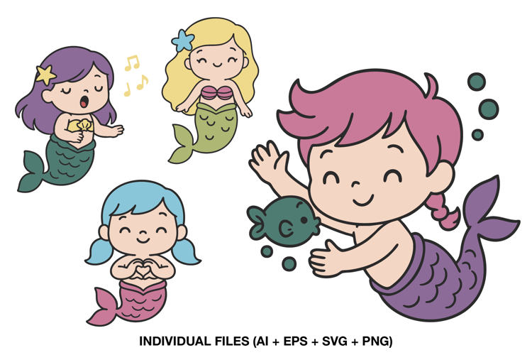 Cute Mermaid Kids Clipart, Kawaii under the sea Ocean Png
