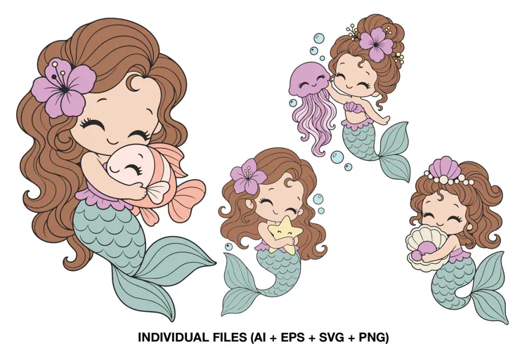 Mermaid Clipart, Cute Mermaid PNG, Under the Sea SVG
