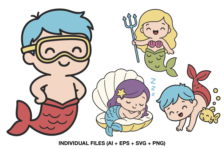 Cute Mermaid Kids Clipart, Ocean Boy and Girl Characters