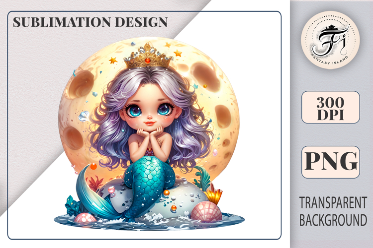 Cute Mermaid Clipart with Moon | Fantasy Ocean Girl PNG
