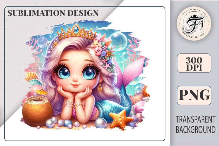 Cute Mermaid Princess Sublimation Clipart | Tropical Decor