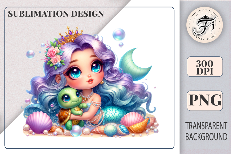 Cute Mermaid Princess with Baby Turtle Sublimation Clipart