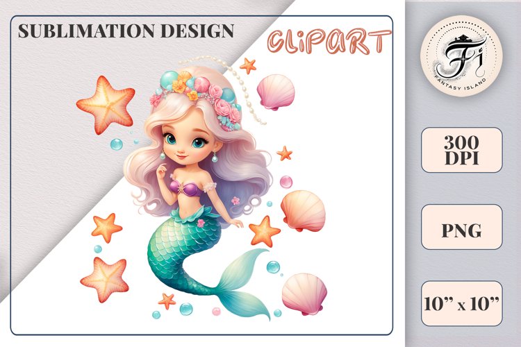 Cute Mermaid Watercolor Clipart | Sublimation Design | Png