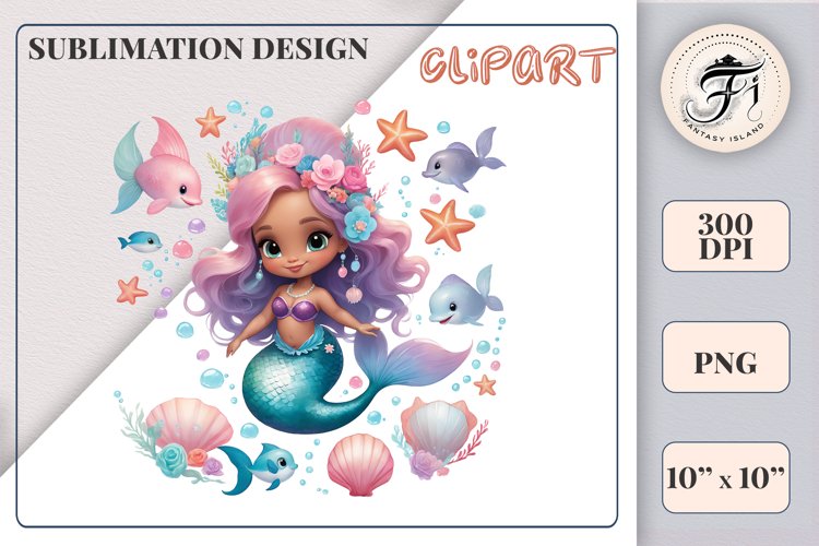 Cute Mermaid Watercolor Clipart | Sublimation | Ocean | Png