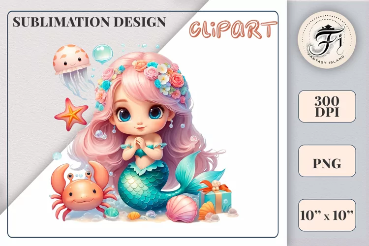 Cute Mermaid Watercolor Clipart | Sublimation | Ocean | Png