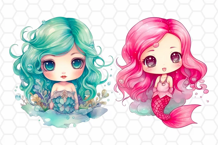 Cute Mermaid Watercolor Cliparts, Sublimation PNG