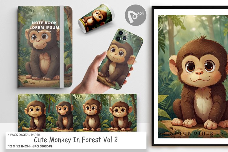 Digital Paper Cartoon Monkey in Forest