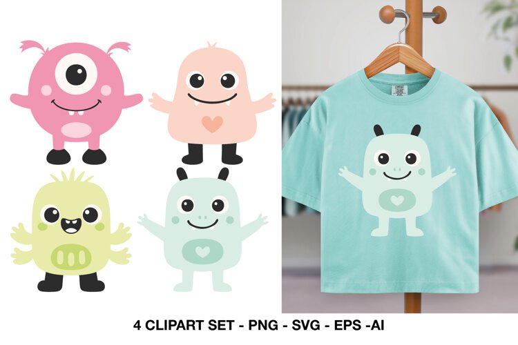 Cute monster clipart with four friendly pastel creatures and playful expressions