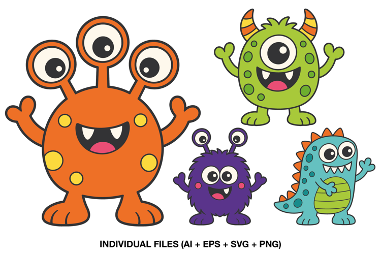 Cute Monster Clipart, 4 Colorful Cartoon Creatures for Kids