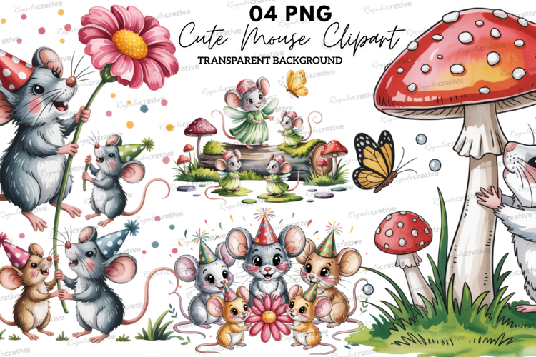 Cute Mouse Clipart PNG, Watercolor Mice Illustration example image 1