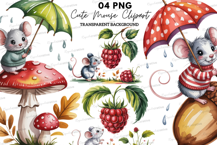 Cute Mouse Clipart PNG, Watercolor Mice Illustration example image 1
