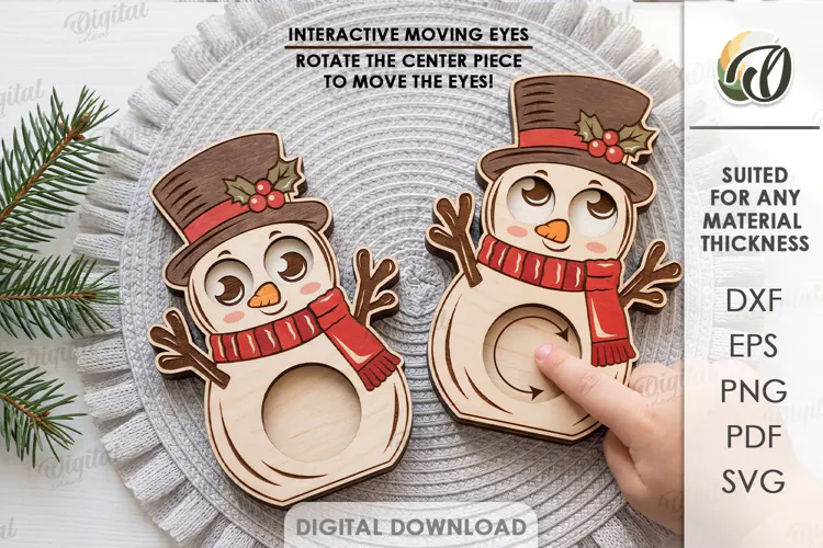 Snowman Moving Eyes Toy Laser Cut. Interactive Kids Toy SVG