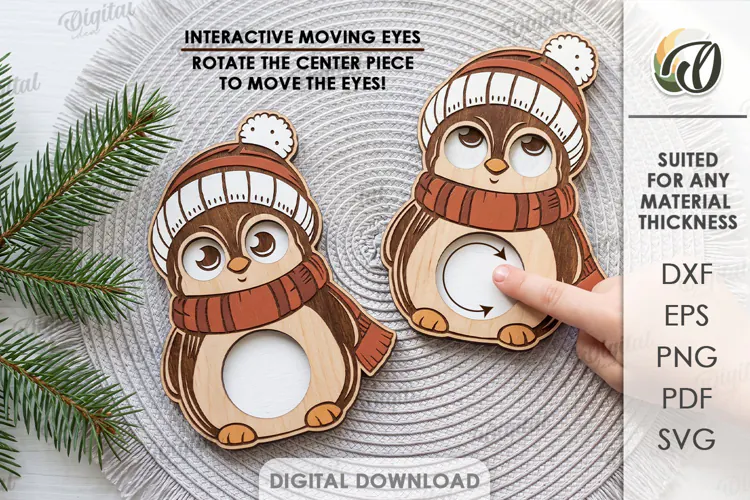 Penguin Moving Eyes Toy Laser Cut. Interactive Kids Toy SVG