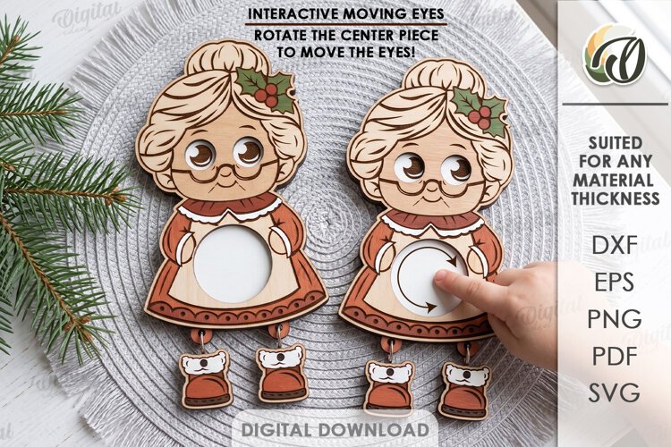 Mrs. Claus Moving Eyes Toy Laser Cut. Kids Toy SVG example image 1