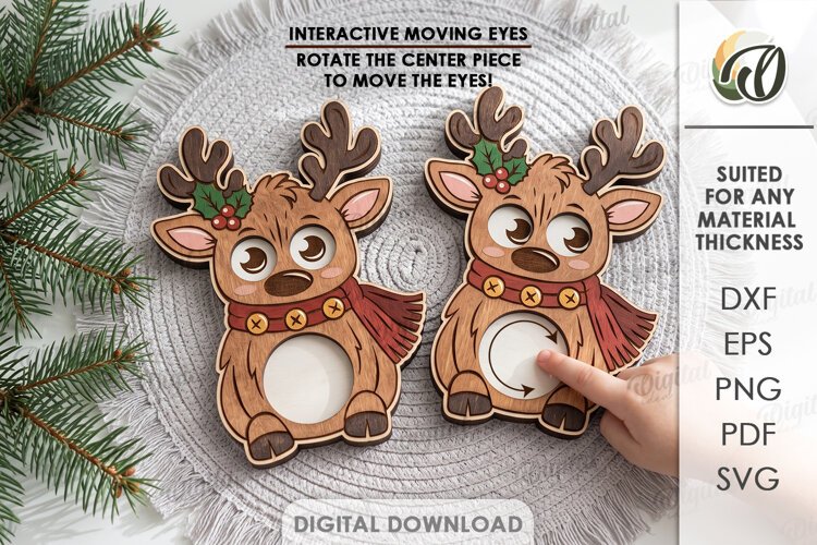 Reindeer Moving Eyes Toy Laser Cut. Interactive Kids Toy SVG example image 1
