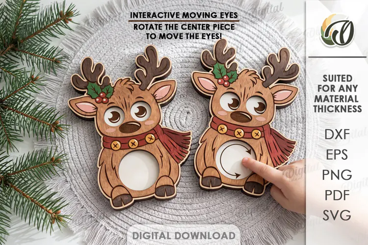 Reindeer Moving Eyes Toy Laser Cut. Interactive Kids Toy SVG
