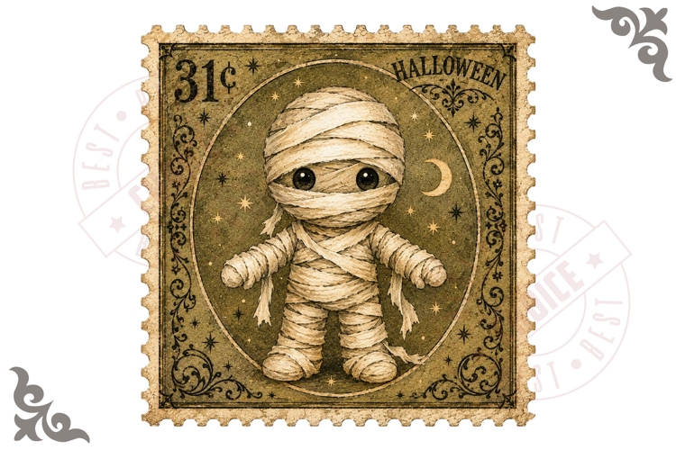 Cute Mummy Character Halloween Postage Stamp PNG