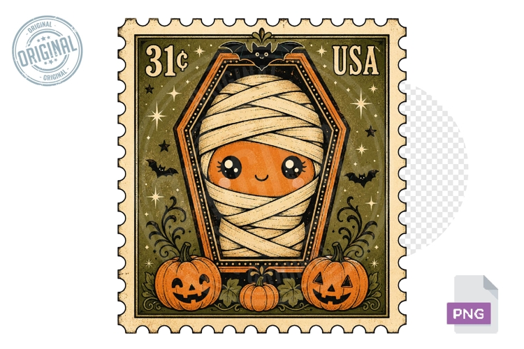 Cute Mummy Pumpkin Coffin Halloween Stamp PNG Art Design