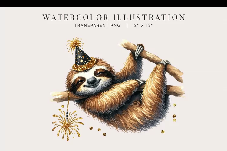 Cute New Year’s Sloth Watercolor Clipart PNG