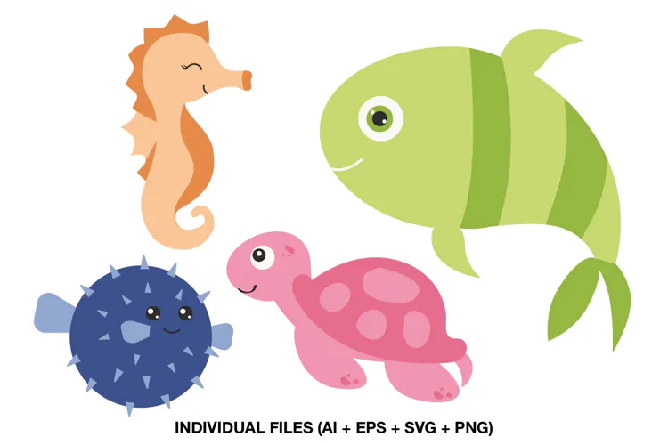 Cute Ocean Animal Clipart | Seahorse, Turtle & Fish