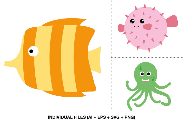 Cute Ocean Creatures Clipart, Marine Animals for Kids Crafts
