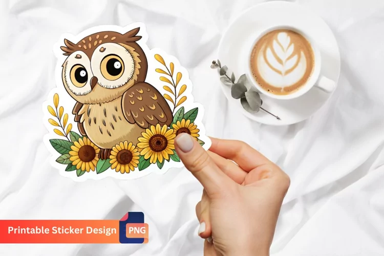 Cute Owl And Sunflowers Sticker, Nature Sticker, Boho Owl