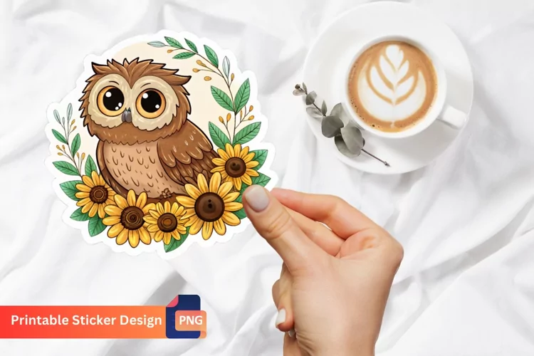 Cute Owl And Sunflowers Sticker, Nature Sticker, Boho Owl