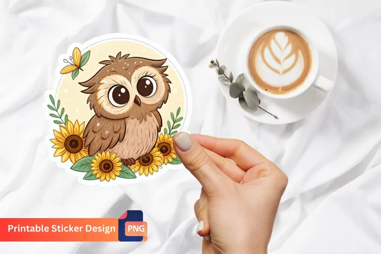 Cute Owl And Sunflowers Sticker, Nature Sticker, Boho Owl