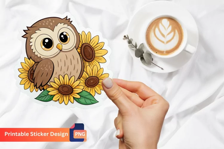 Cute Owl And Sunflowers Sticker, Cute Sunflower Sticker