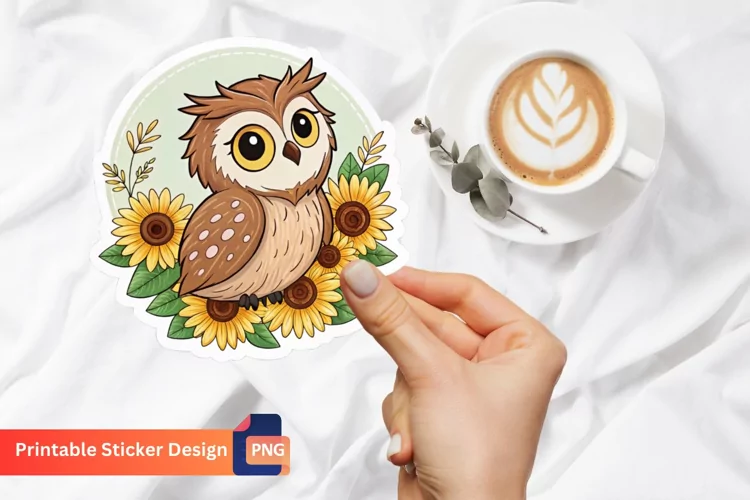 Cute Owl And Sunflowers Sticker, Nature Sticker, Boho Owl