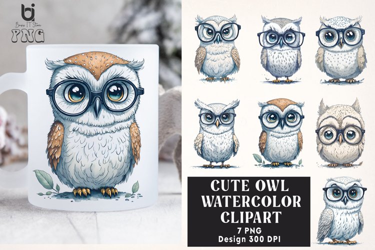 Cute Owl Watercolor Clipart, Owl Mug Sublimation PNG Design example image 1