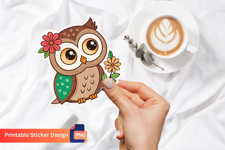 Cute Owl With Flower Sticker, Floral Owl Illustration