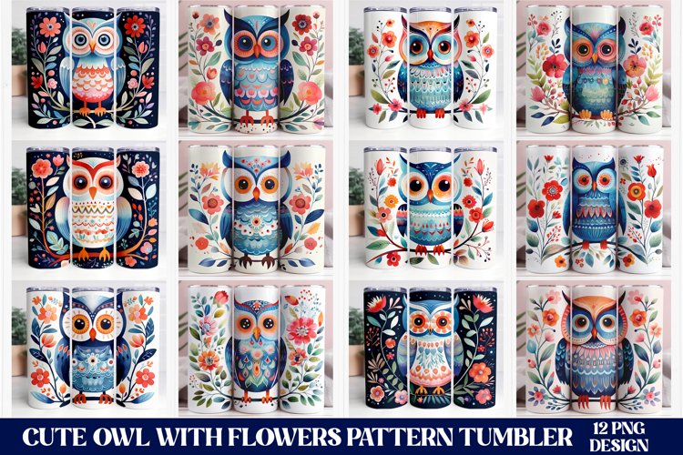 Cute Owl With Flowers Pattern Sublimation Tumbler Design