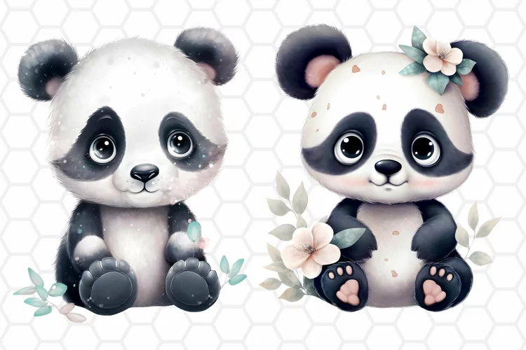 Cute Panda Bear Watercolor Clipart Designs, Sublimation PNG