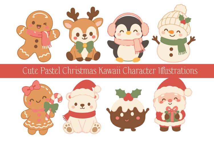 Cute Pastel Christmas Kawaii Character Illustrations example image 1