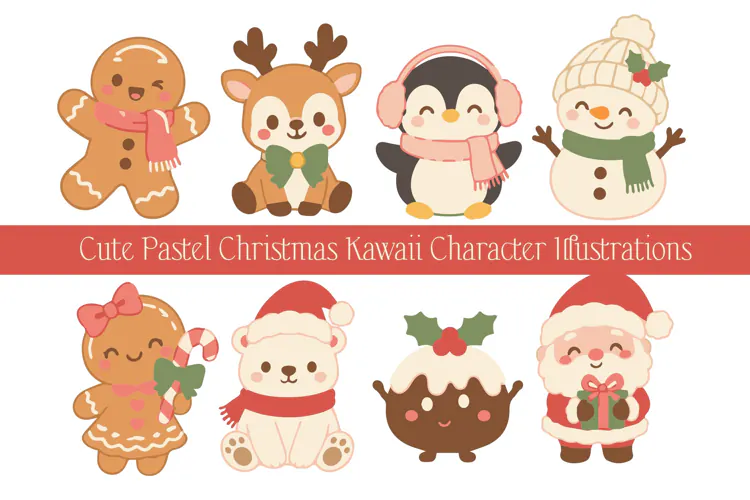 Cute Pastel Christmas Kawaii Character Illustrations