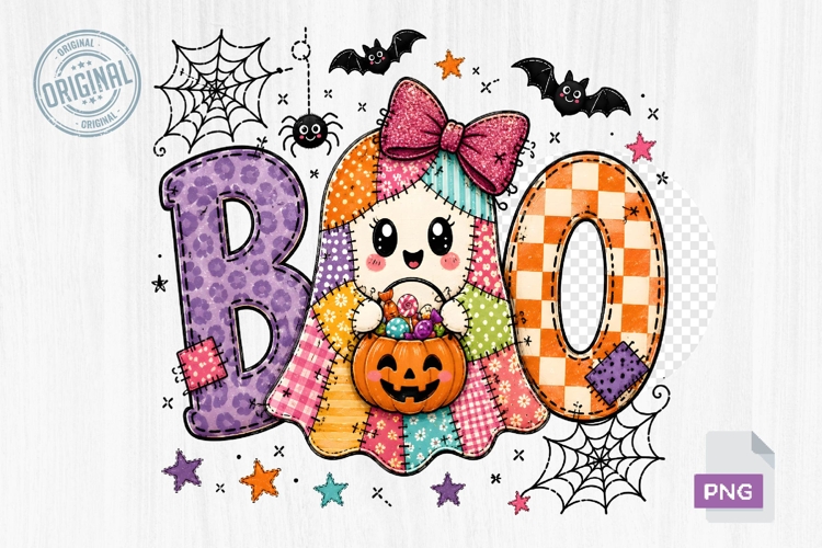 Cute Patchwork Boo Ghost Halloween PNG Sublimation Design