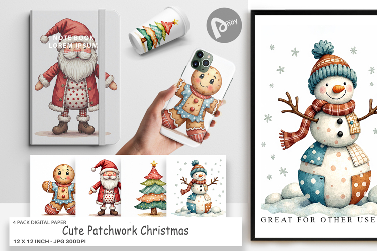 Patchwork Christmas Cute Digital Paper