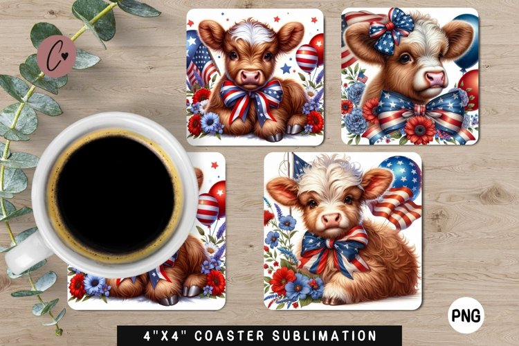 Cute Cow Patriotic Coaster | 4th Of July Sublimation Coaster
