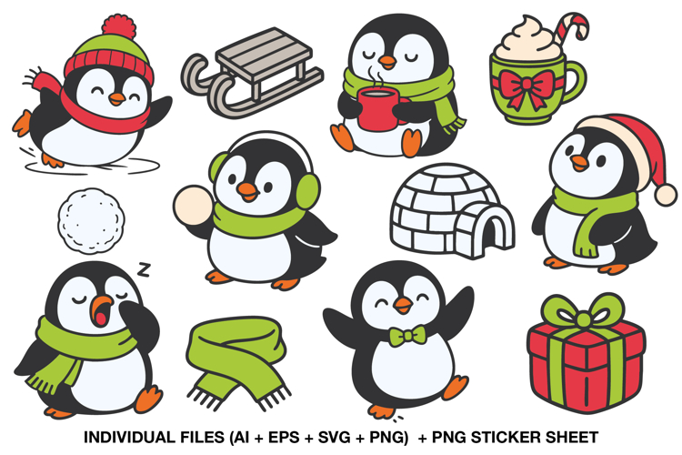Cute Penguin Clipart Set, Winter Animals PNG Bundle