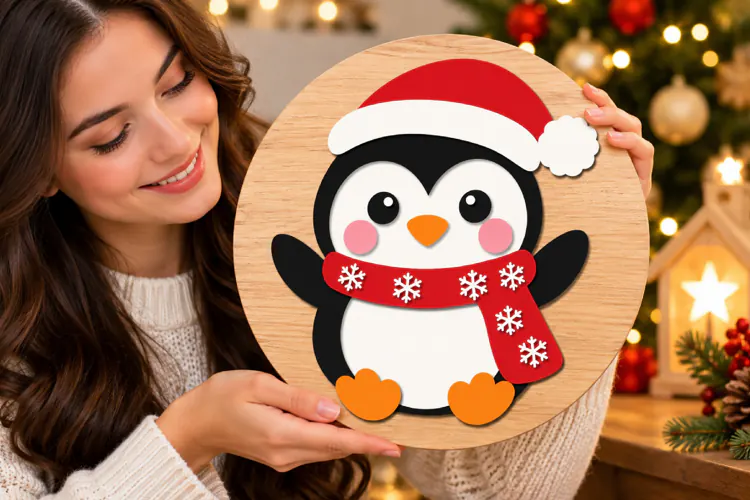 Cute Penguin Round Sign SVG, Laser Cut Glowforge File