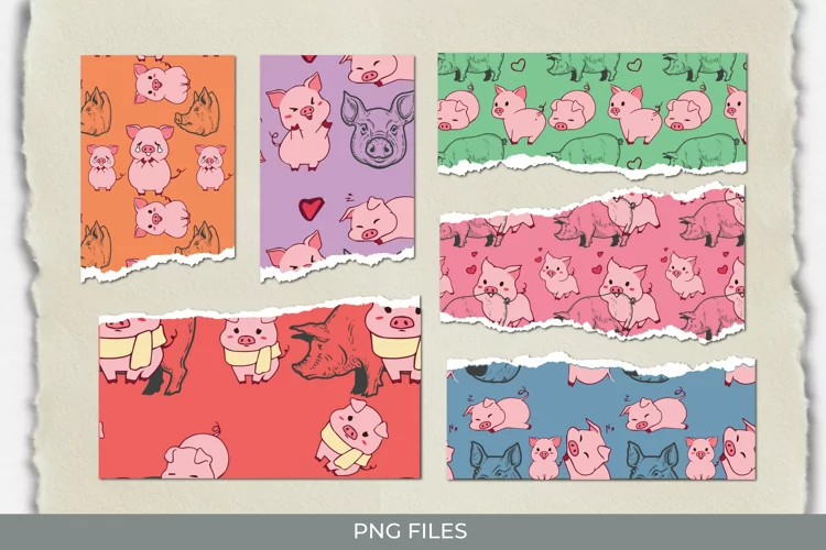 Cute Pig with Vintage Color Seamless Pattern Torn Paper