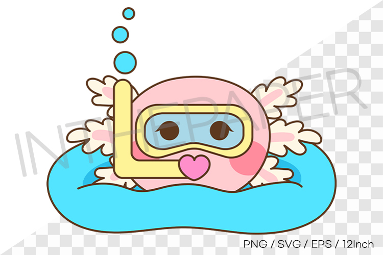 Cute pink axolotl about to dive into water wearing goggles