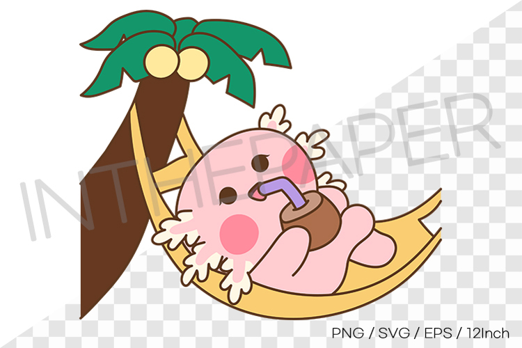 Cute pink axolotl drinking coconut drink lying in hammock