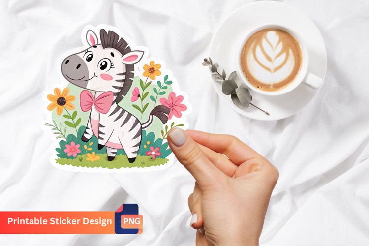 Cute Pink Bow Zebra And Flowers Sticker, Animal Print Art