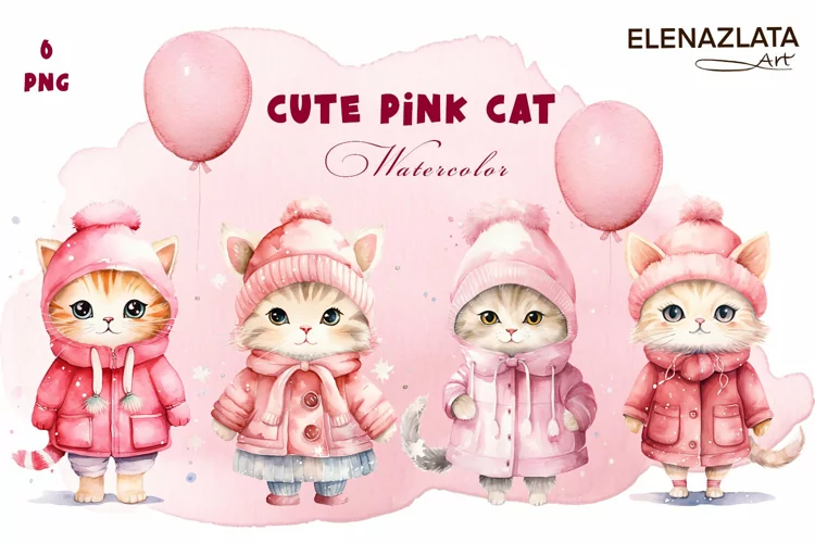 Winter Cute Pink Cat Watercolor Sublimation PNG