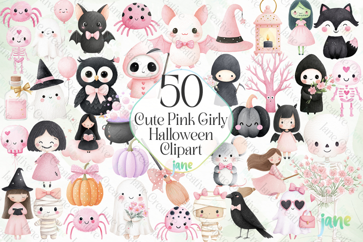 Cute Pink Girly Halloween Clipart Bundle