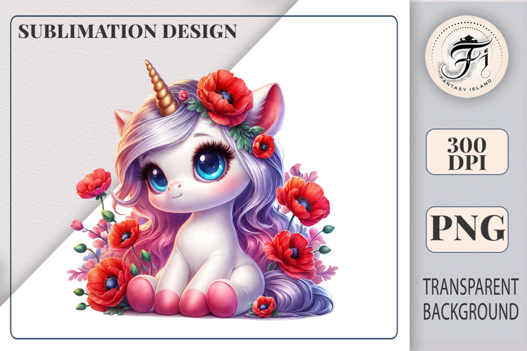 Cute Baby Unicorn with Poppies Sublimation Clipart PNG