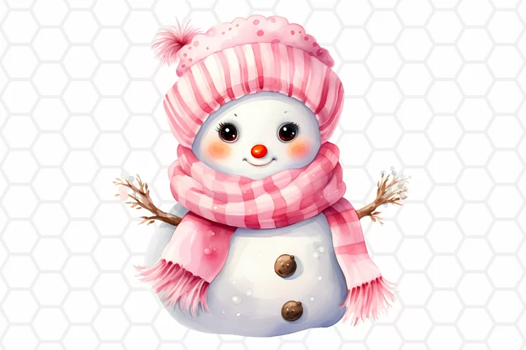 Cute Pink Watercolor Snowman Clipart, Sublimation PNG