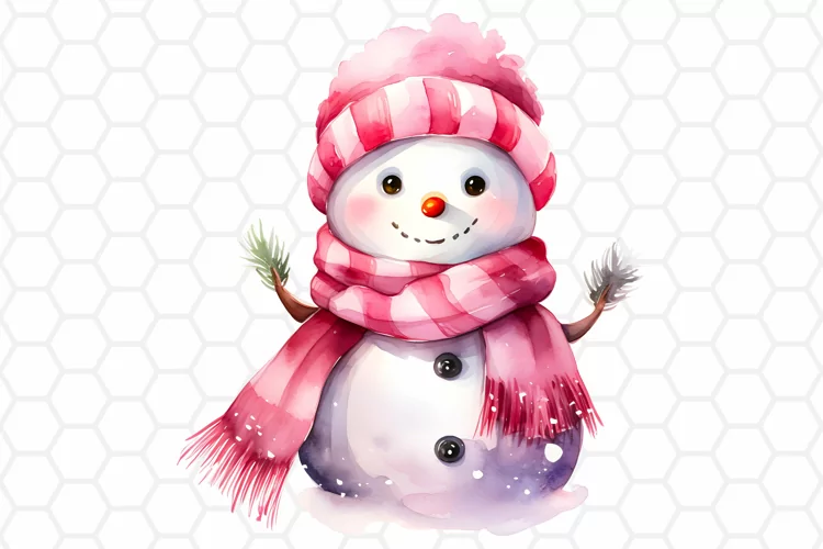 Cute Pink Watercolor Snowman Clipart, Sublimation PNG